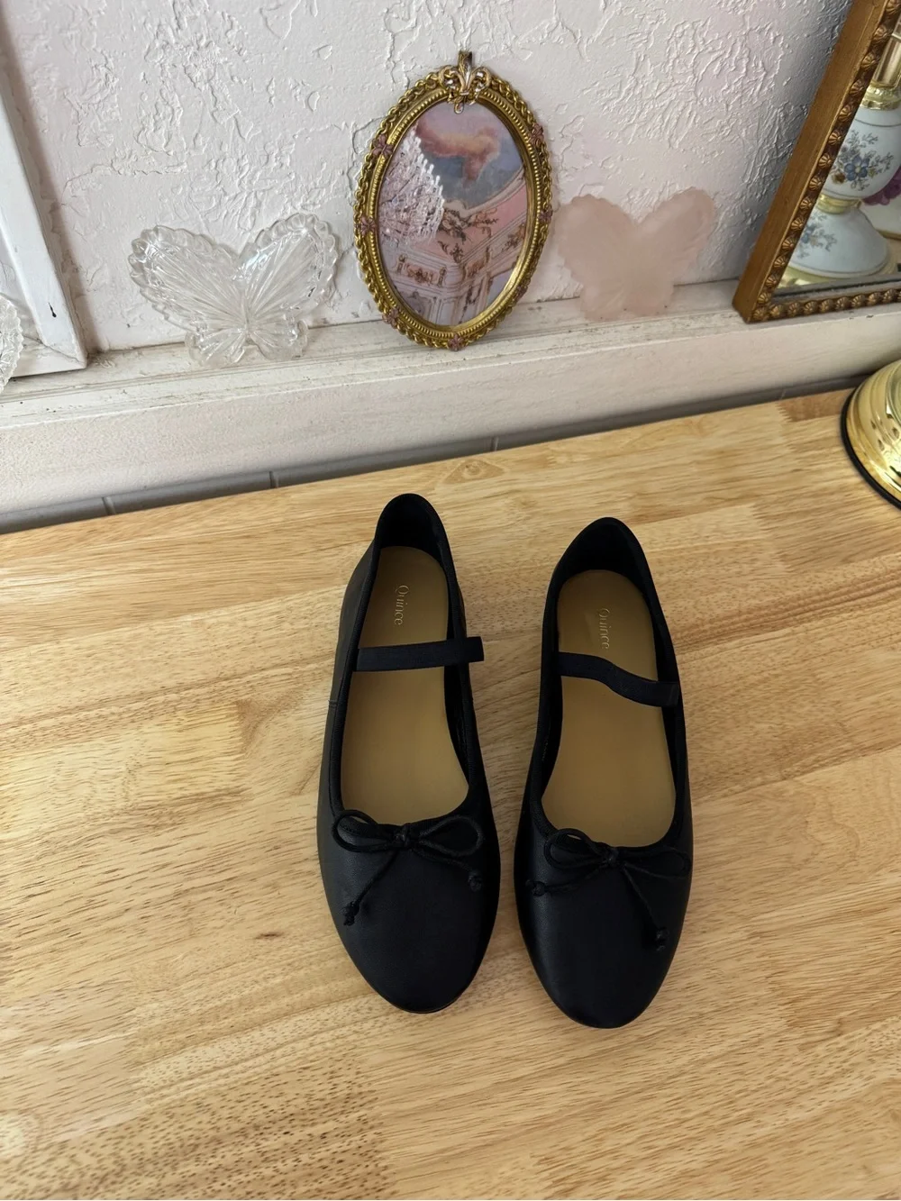 Quince Black Leather Mary Jane Ballet Flats Bow Slip-On Shoes Size 7 BalletCore
